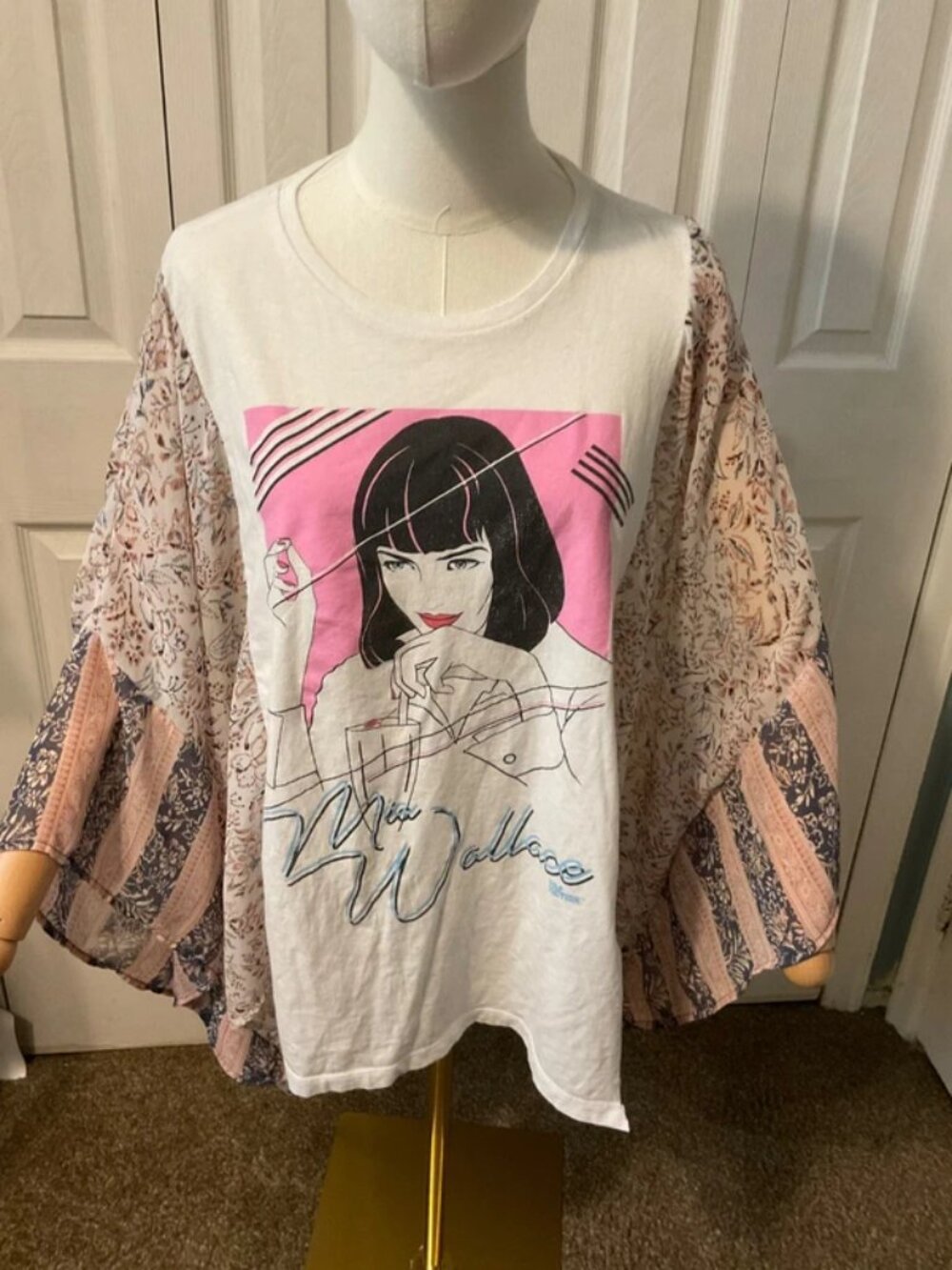 Pulp Fiction Mia Wallace Upcycled Graphic TShirt with Flowy Printed Sleeves OSFM